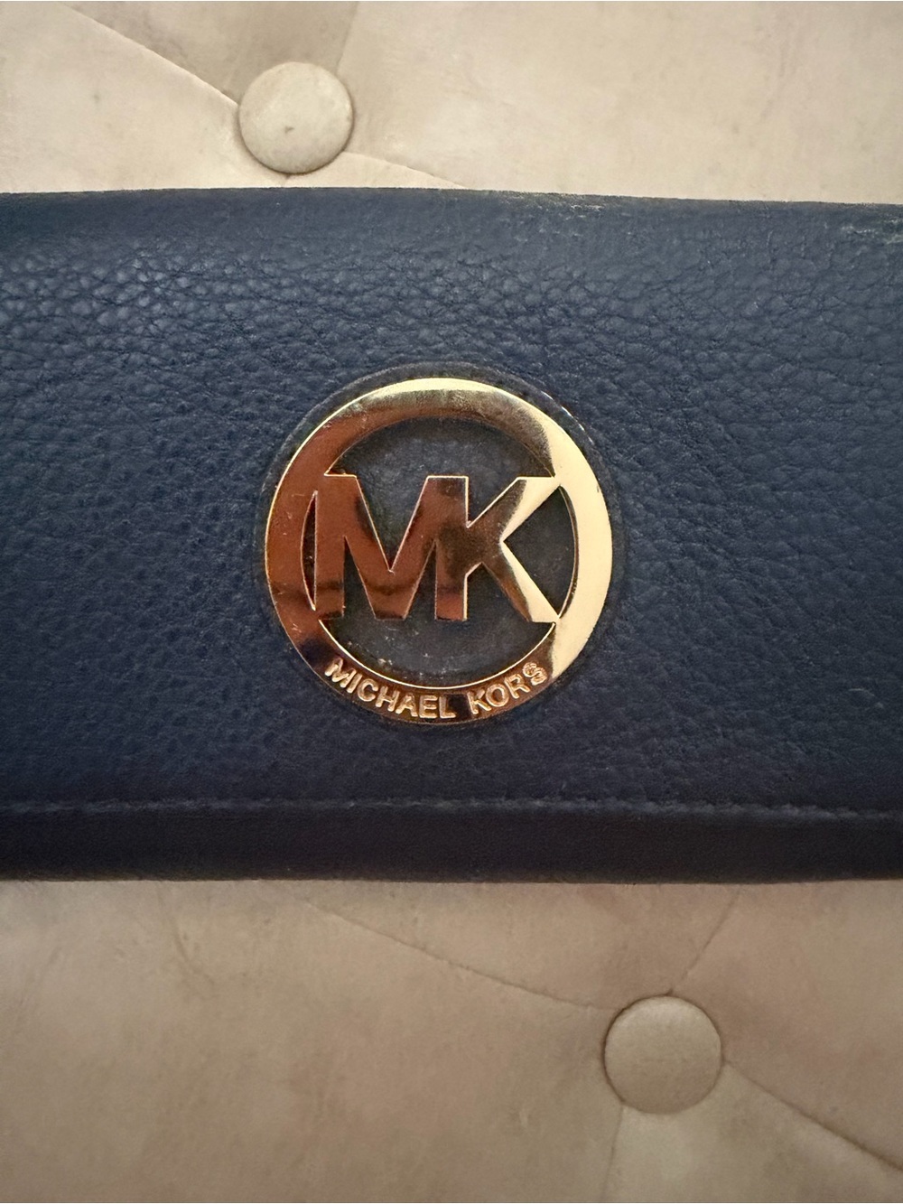 Michael Kors Navy Leather Card Holder with Gold MK Emblem